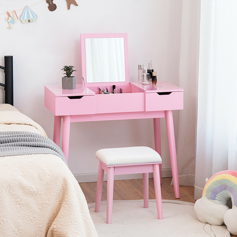 Makeup Vanity Table Set with Flip Top Mirror and 2 Drawers, Modern Dressing Desk with Storage & Cushioned Stool