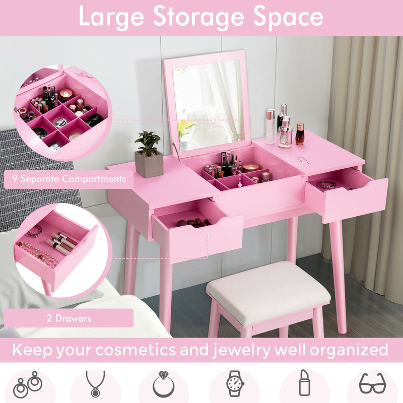 Makeup Vanity Table Set with Flip Top Mirror and 2 Drawers, Modern Dressing Desk with Storage & Cushioned Stool