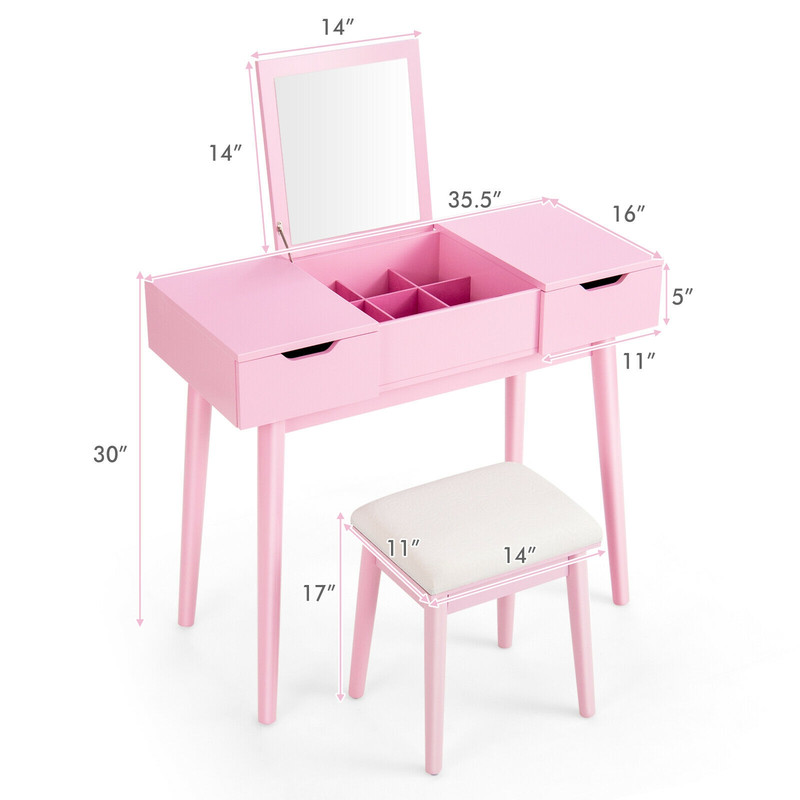 Makeup Vanity Table Set with Flip Top Mirror and 2 Drawers, Modern Dressing Desk with Storage & Cushioned Stool