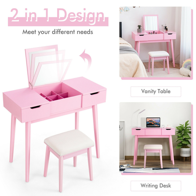 Makeup Vanity Table Set with Flip Top Mirror and 2 Drawers, Modern Dressing Desk with Storage & Cushioned Stool