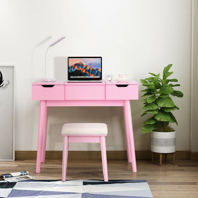 Makeup Vanity Table Set with Flip Top Mirror and 2 Drawers, Modern Dressing Desk with Storage & Cushioned Stool