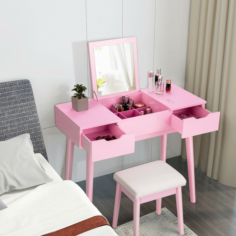 Makeup Vanity Table Set with Flip Top Mirror and 2 Drawers, Modern Dressing Desk with Storage & Cushioned Stool