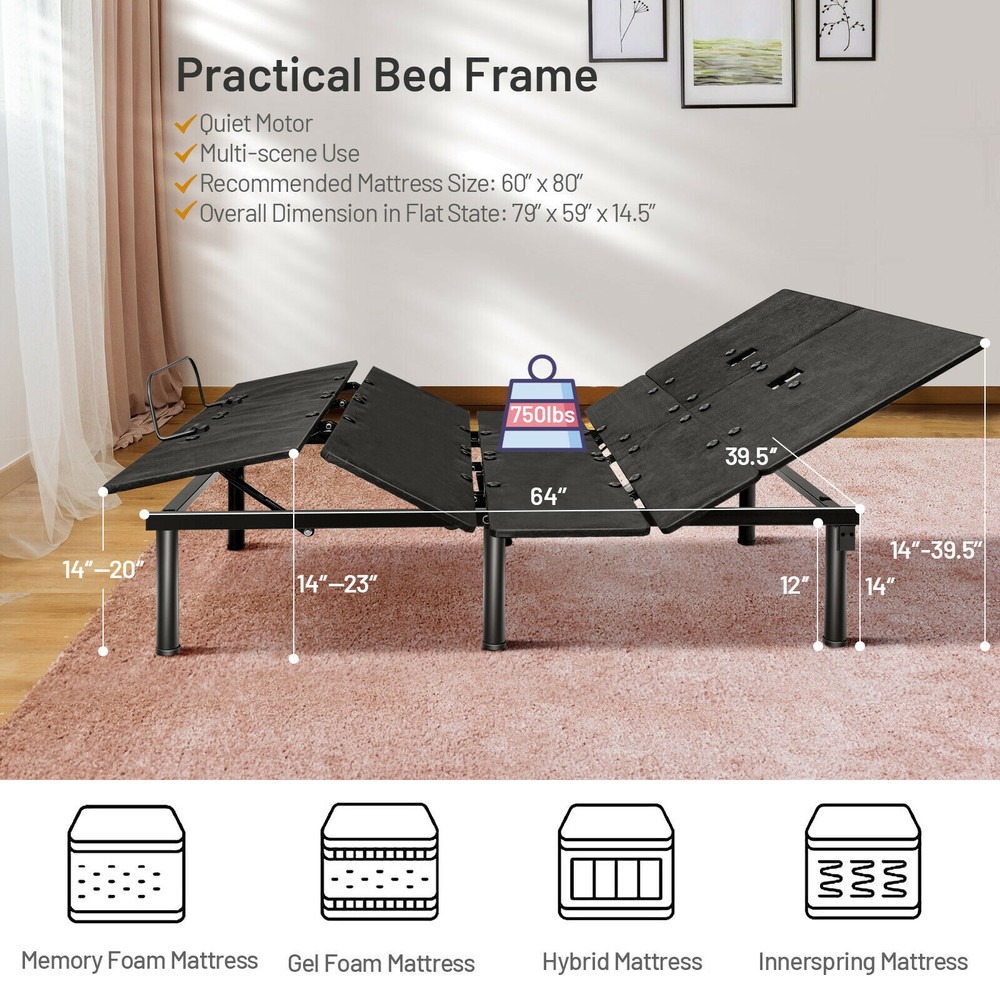 Adjustable Bed Frame with Head and Foot Lift, Ergonomic Electric Bed Base with Remote, USB Charging, LED Light, Queen