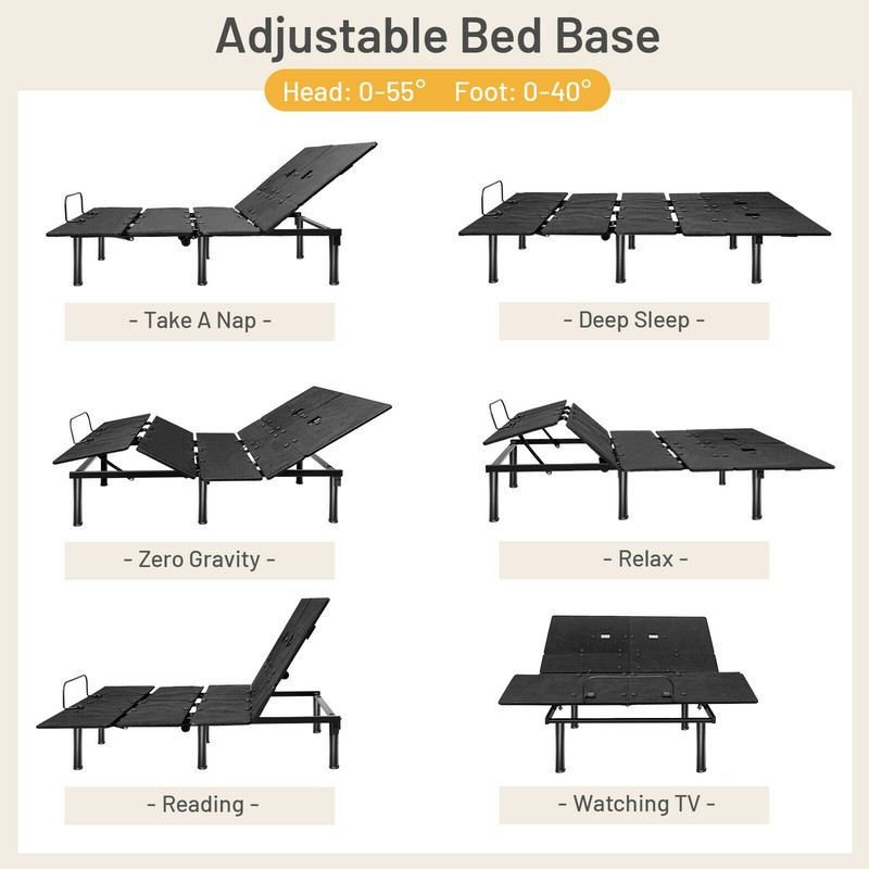 Adjustable Bed Frame with Head and Foot Lift, Ergonomic Electric Bed Base with Remote, USB Charging, LED Light, Queen
