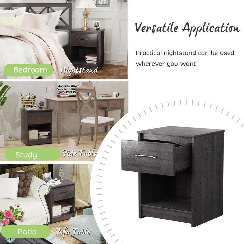 Wooden Nightstand with Drawer and Open Storage Compartment, Rustic Bedside Table for Bedroom, Living Room, Office Use