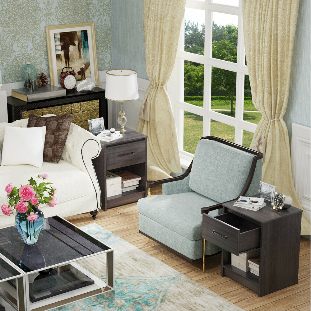 Wooden Nightstand with Drawer and Open Storage Compartment, Rustic Bedside Table for Bedroom, Living Room, Office Use