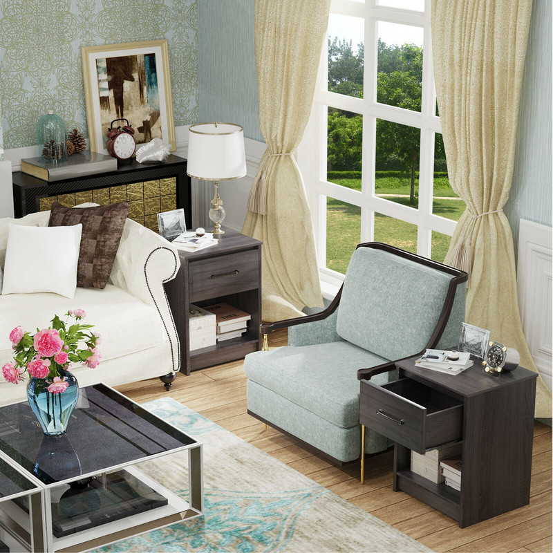 Wooden Nightstand with Drawer and Open Storage Compartment, Rustic Bedside Table for Bedroom, Living Room, Office Use