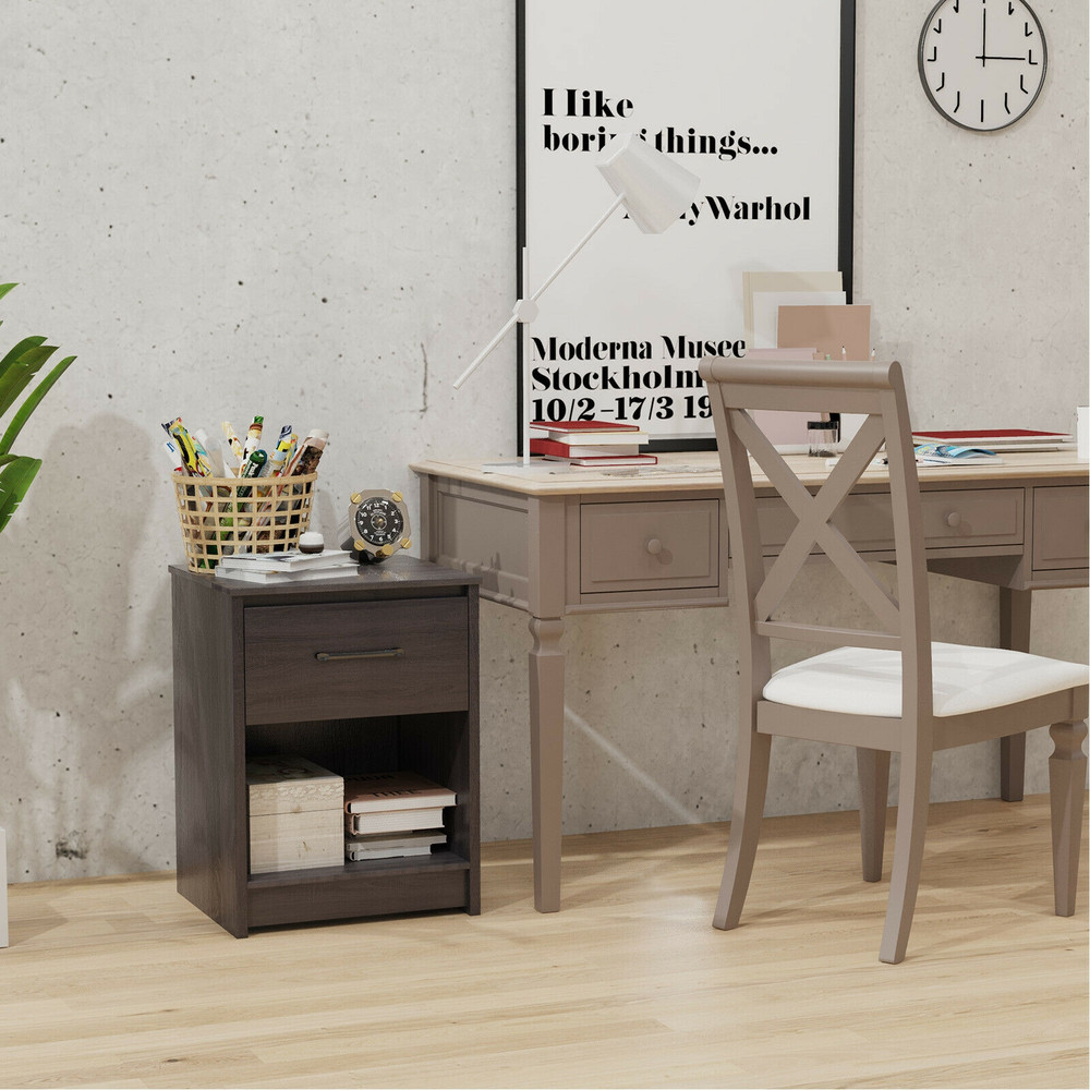 Wooden Nightstand with Drawer and Open Storage Compartment, Rustic Bedside Table for Bedroom, Living Room, Office Use