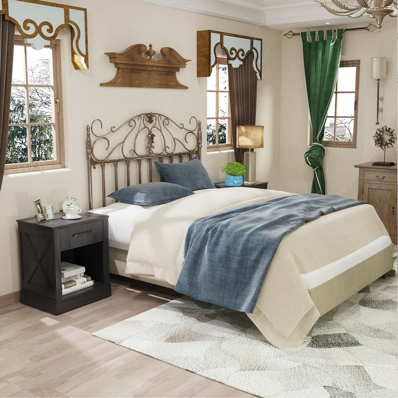 Compact Nightstand with Drawer and Open Compartment, Rustic Bedside Table with Storage Shelf for Bedroom, Living Room