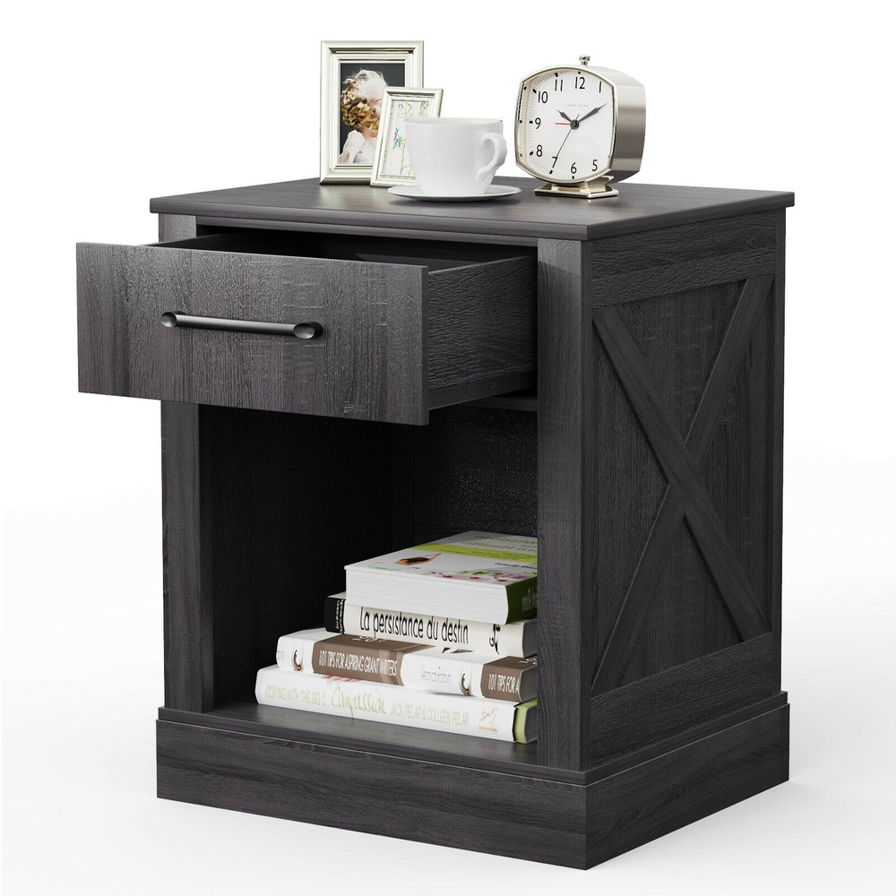 Compact Nightstand with Drawer and Open Compartment, Rustic Bedside Table with Storage Shelf for Bedroom, Living Room