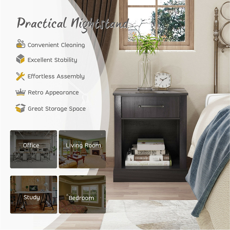 Compact Nightstand with Drawer and Open Compartment, Rustic Bedside Table with Storage Shelf for Bedroom, Living Room