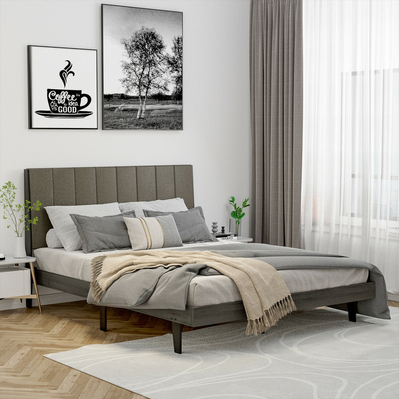 Modern Queen Size Upholstered Platform Bed Frame with Tufted Headboard, Solid Wood Slats, No Box Spring Required