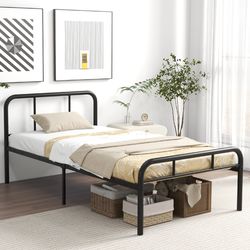 twin size modern metal bed frame with curved headboard and footboard, noise-free platform with storage, heavy-duty steel