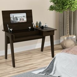 modern dressing table with flip mirror and storage drawer, 2-in-1 vanity makeup desk with hidden compartments