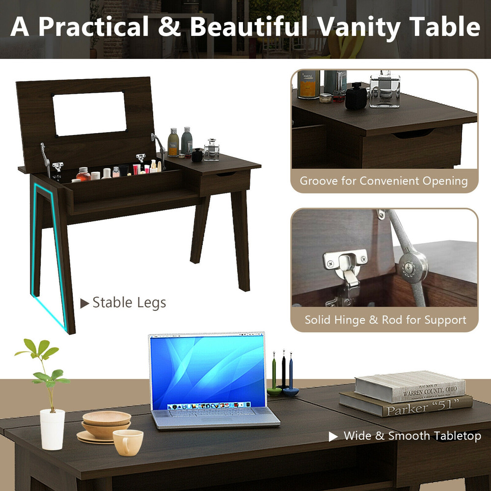 Modern Dressing Table with Flip Mirror and Storage Drawer, 2-in-1 Vanity Makeup Desk with Hidden Compartments