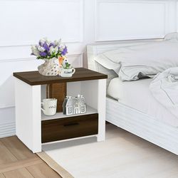 modern accent nightstand with drawer and open shelf, small bedside table for bedroom or living room storage