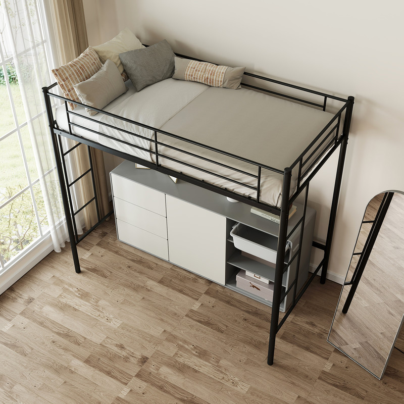 Twin Loft Bed Frame with 2 Ladders & Full-Length Guardrail, Heavy-Duty Metal Bunk for Kids Teens Dorms Small Rooms Space