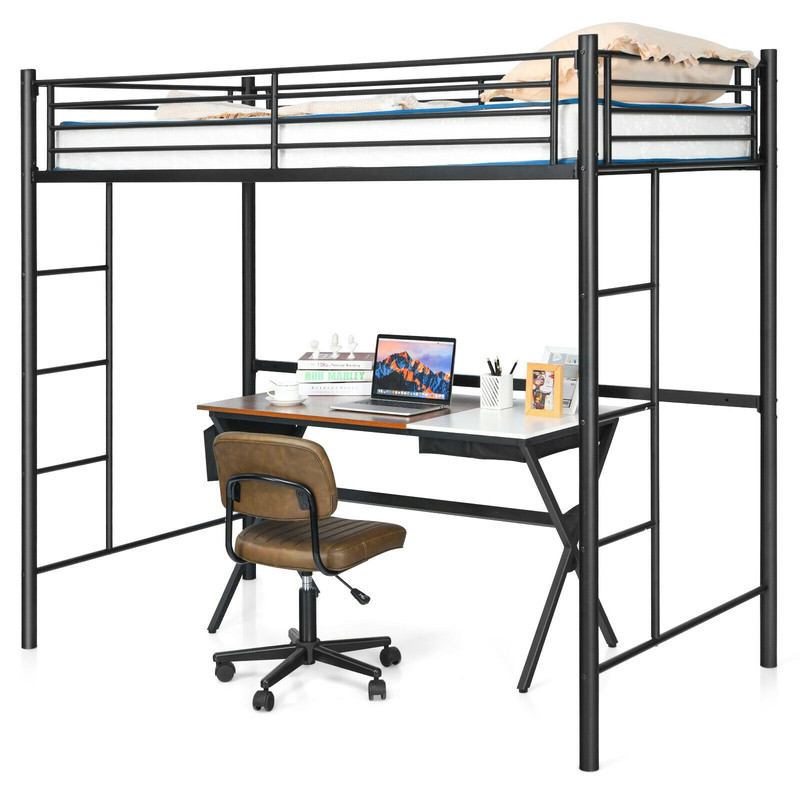 Twin Loft Bed Frame with 2 Ladders & Full-Length Guardrail, Heavy-Duty Metal Bunk for Kids Teens Dorms Small Rooms Space