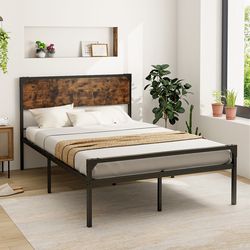 industrial rustic bed frame, full queen size metal platform with wooden headboard & noise free design