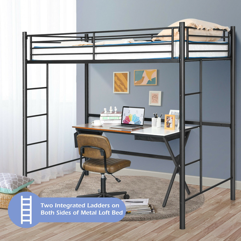 Twin Loft Bed Frame with 2 Ladders & Full-Length Guardrail, Heavy-Duty Metal Bunk for Kids Teens Dorms Small Rooms Space