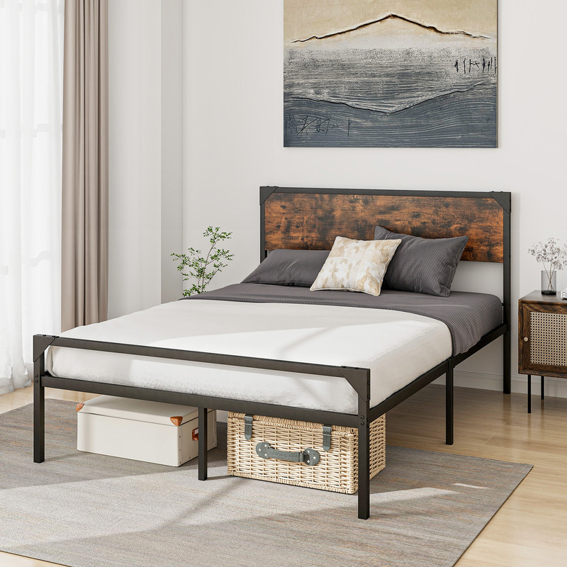Industrial Rustic Bed Frame, Full Queen Size Metal Platform with Wooden Headboard & Noise Free Design