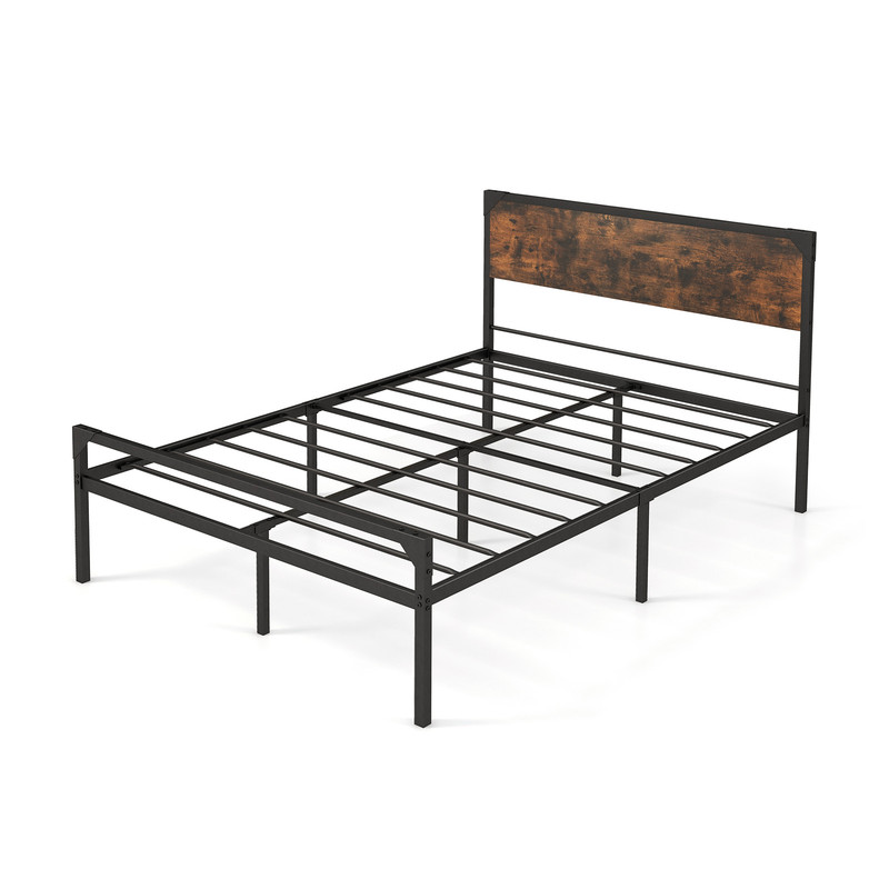 Industrial Rustic Bed Frame, Full Queen Size Metal Platform with Wooden Headboard & Noise Free Design