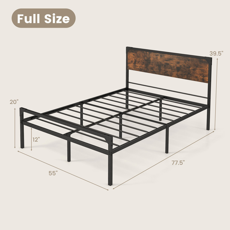 Industrial Rustic Bed Frame, Full Queen Size Metal Platform with Wooden Headboard & Noise Free Design