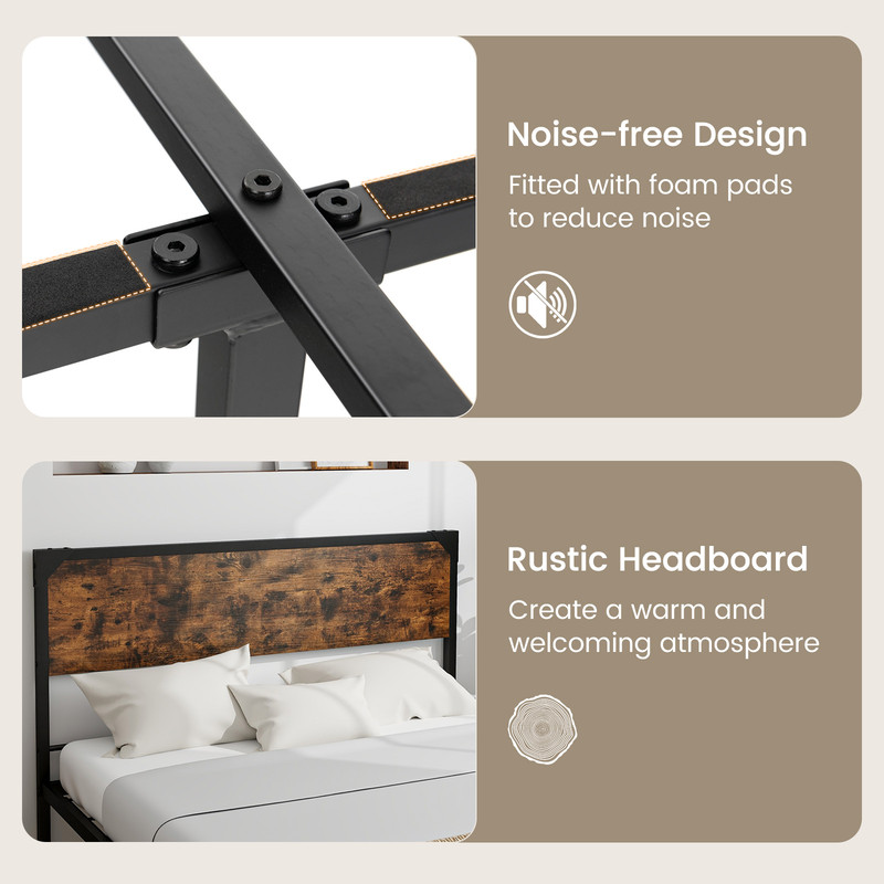 Industrial Rustic Bed Frame, Full Queen Size Metal Platform with Wooden Headboard & Noise Free Design