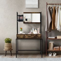 industrial vanity table with 3-height adjustable mirror & storage bag