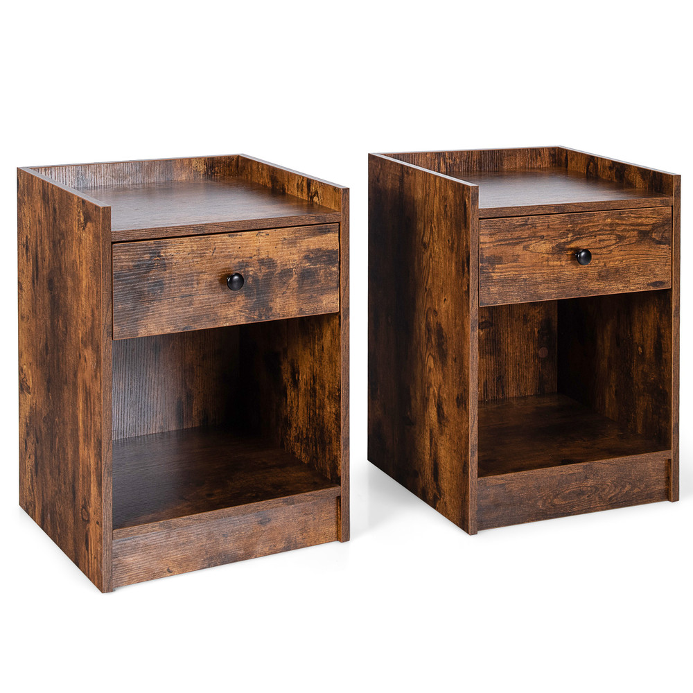 Set of 2 Nightstands with Drawer, End Side Table with Raised Top for Bedroom Storage
