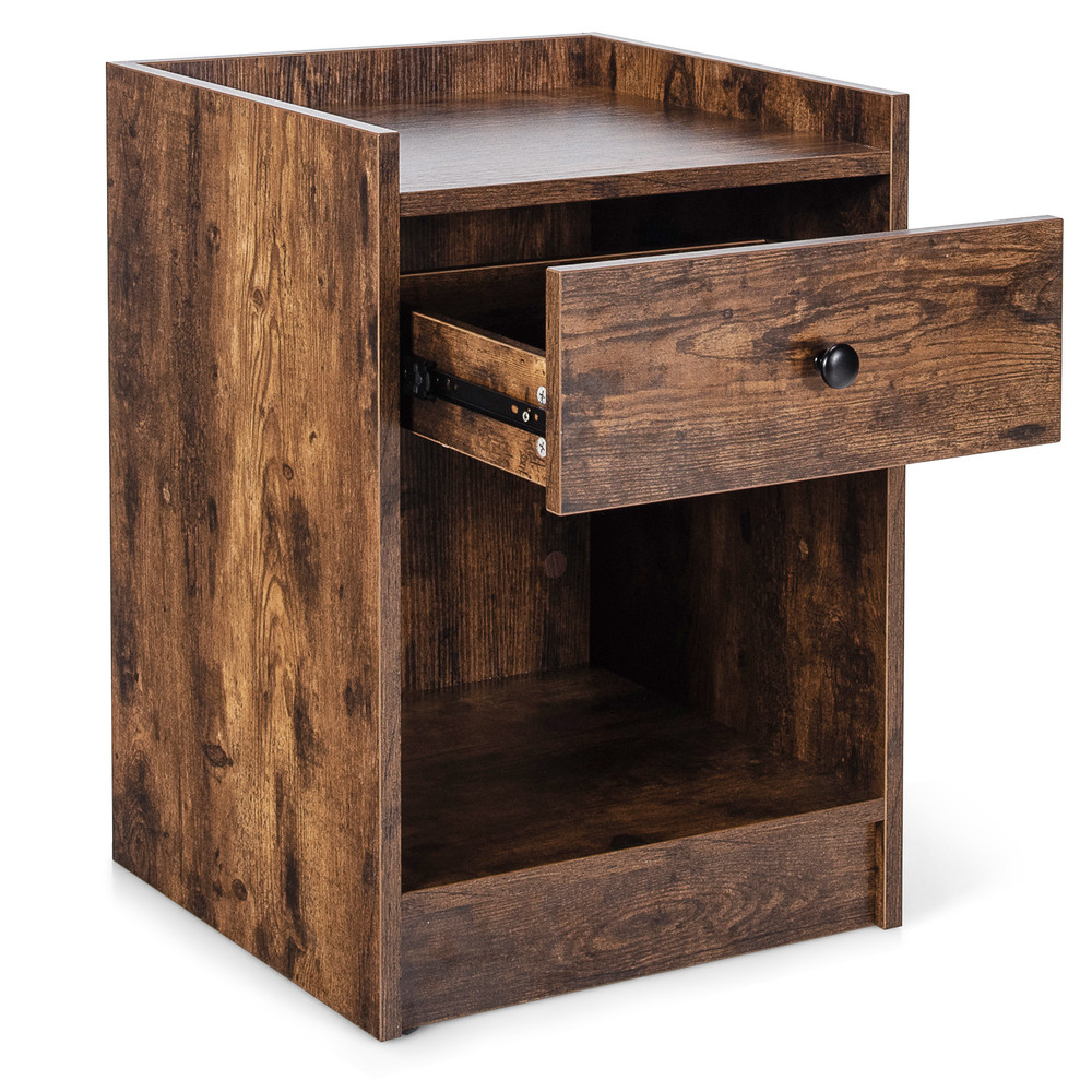 Set of 2 Nightstands with Drawer, End Side Table with Raised Top for Bedroom Storage