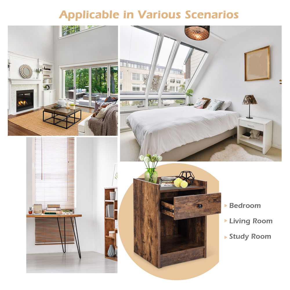 Set of 2 Nightstands with Drawer, End Side Table with Raised Top for Bedroom Storage