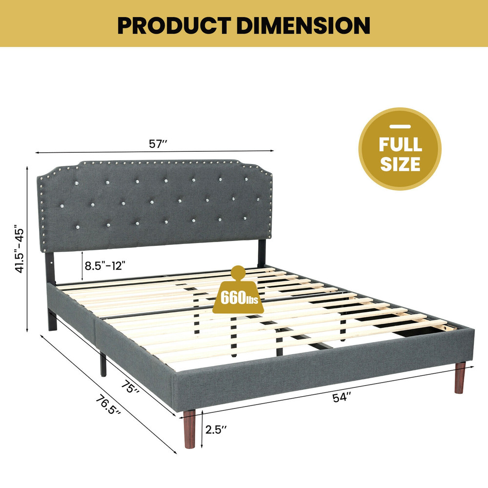 Full Upholstered Bed Frame With Adjustable Diamond Button Headboard Luxe Faux Crystal Design 4