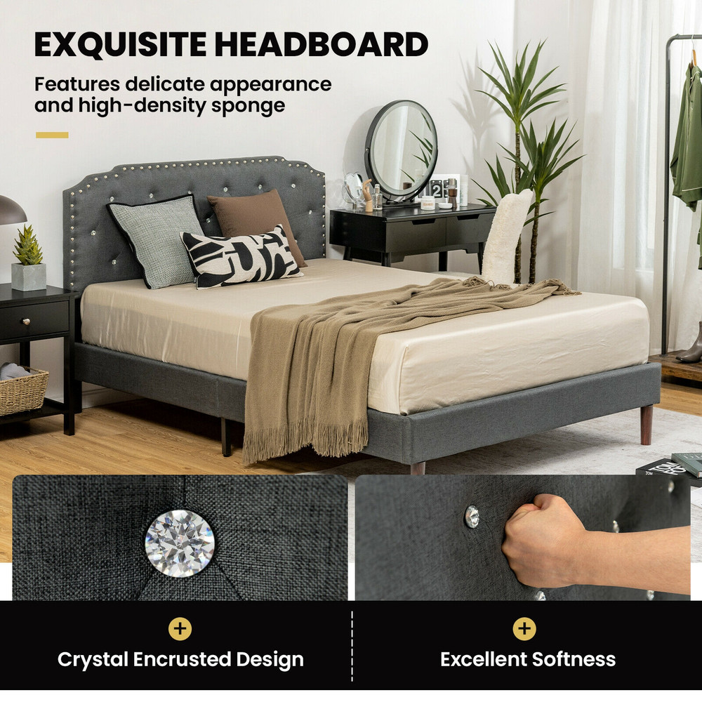 Full Upholstered Bed Frame With Adjustable Diamond Button Headboard Luxe Faux Crystal Design 5