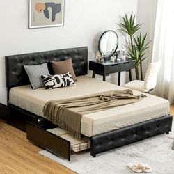 pu leather upholstered platform bed with 4 drawers full/queen size, adjustable headboard