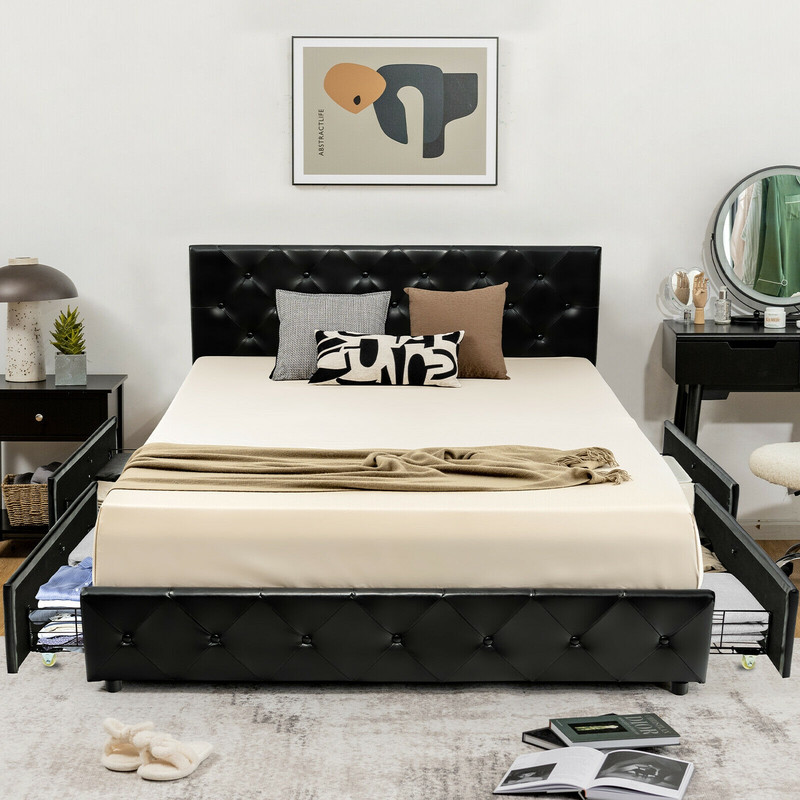 PU Leather Upholstered Platform Bed with 4 Drawers Full/Queen Size, Adjustable Headboard