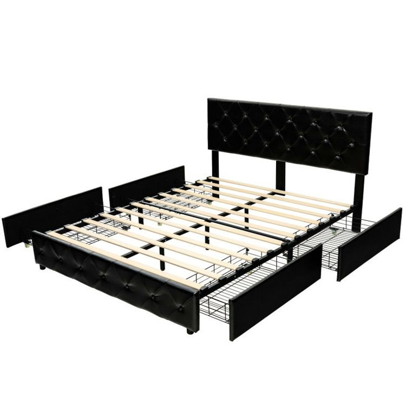 PU Leather Upholstered Platform Bed with 4 Drawers Full/Queen Size, Adjustable Headboard
