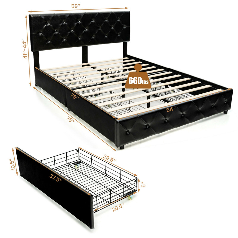 PU Leather Upholstered Platform Bed with 4 Drawers Full/Queen Size, Adjustable Headboard
