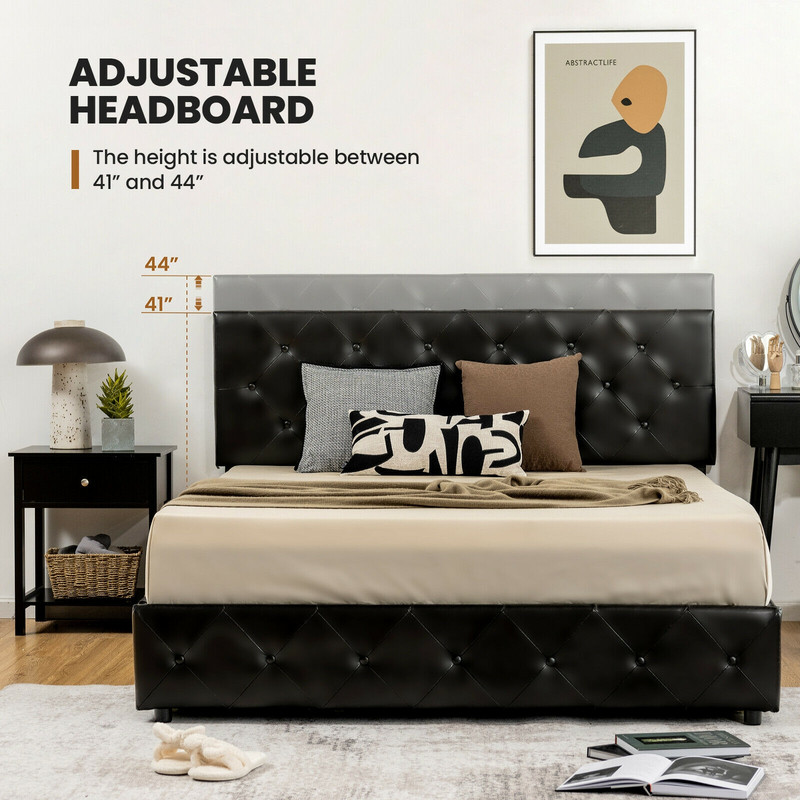 PU Leather Upholstered Platform Bed with 4 Drawers Full/Queen Size, Adjustable Headboard