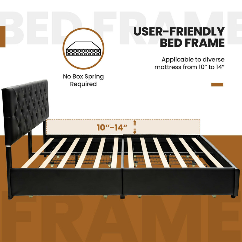 PU Leather Upholstered Platform Bed with 4 Drawers Full/Queen Size, Adjustable Headboard
