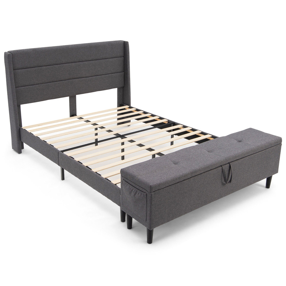 Full/Queen Size Upholstered Platform Bed Frame with Storage Ottoman & Adjustable Headboard