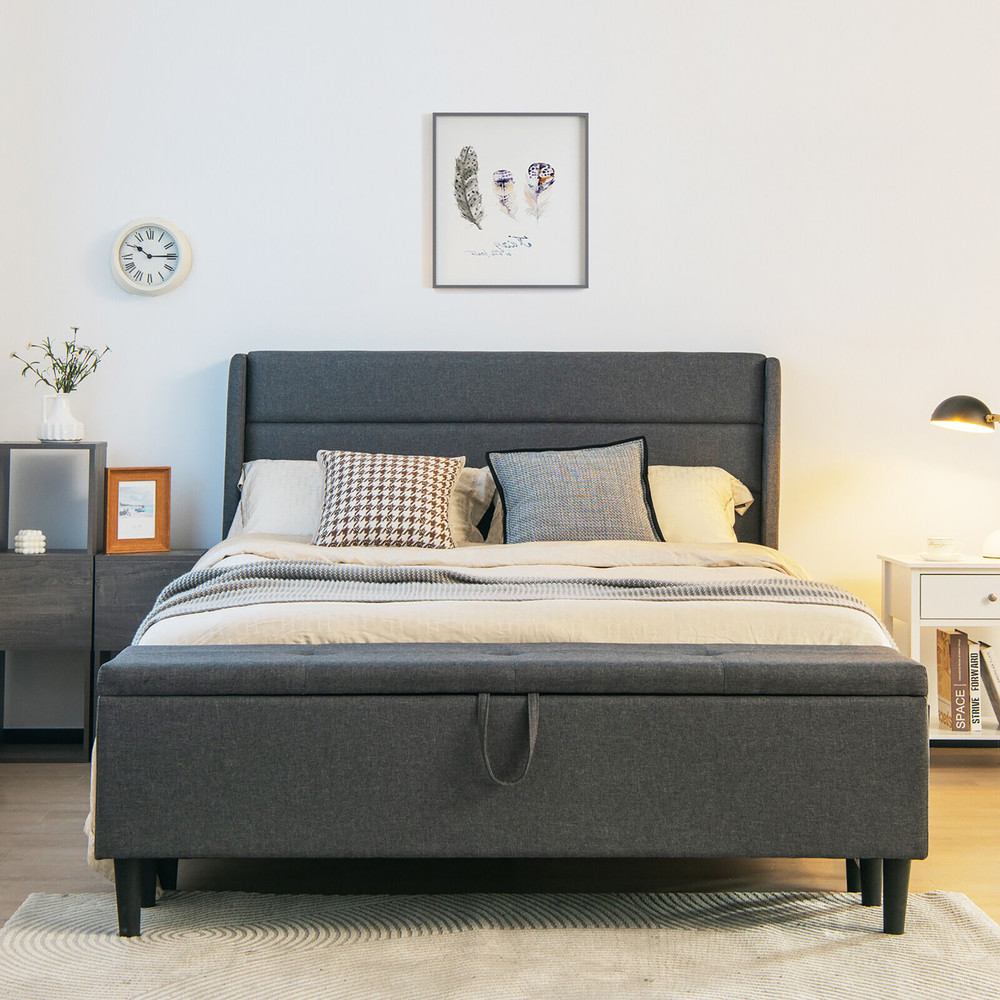 Full/Queen Size Upholstered Platform Bed Frame with Storage Ottoman & Adjustable Headboard