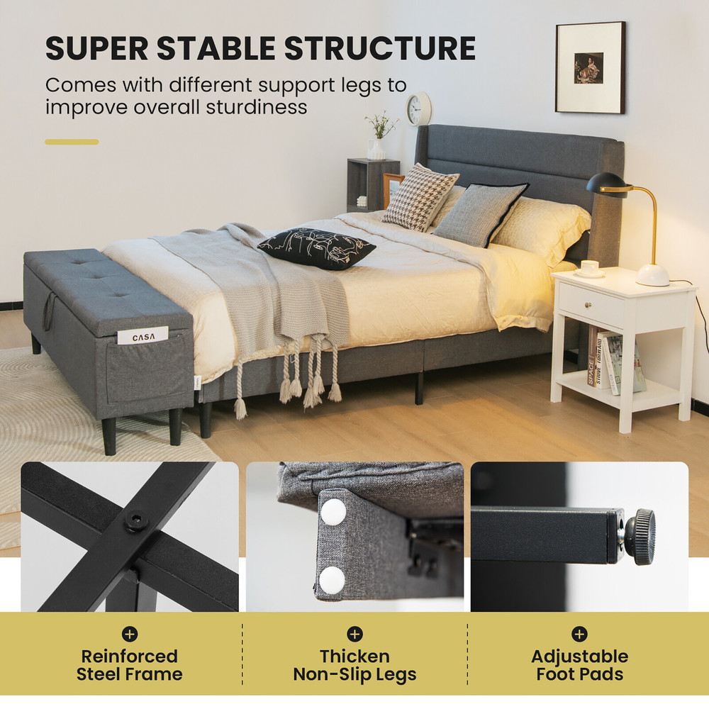 Full/Queen Size Upholstered Platform Bed Frame with Storage Ottoman & Adjustable Headboard
