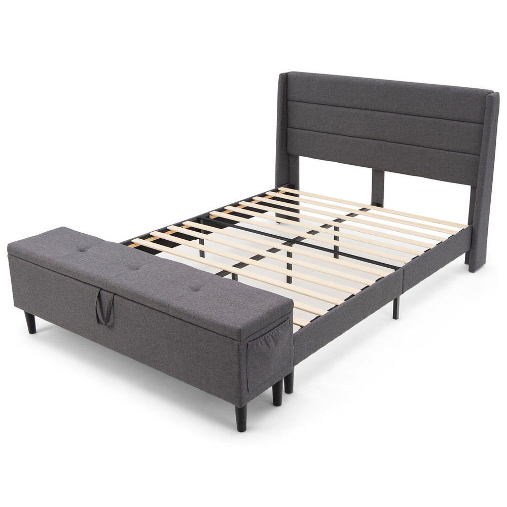 Full/Queen Size Upholstered Platform Bed Frame with Storage Ottoman & Adjustable Headboard