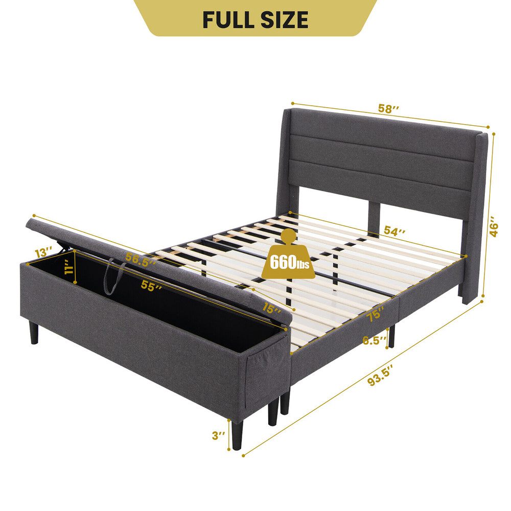 Full/Queen Size Upholstered Platform Bed Frame with Storage Ottoman & Adjustable Headboard