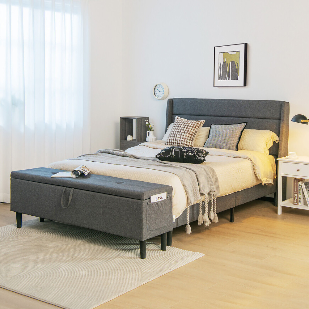 Full/Queen Size Upholstered Platform Bed Frame with Storage Ottoman & Adjustable Headboard