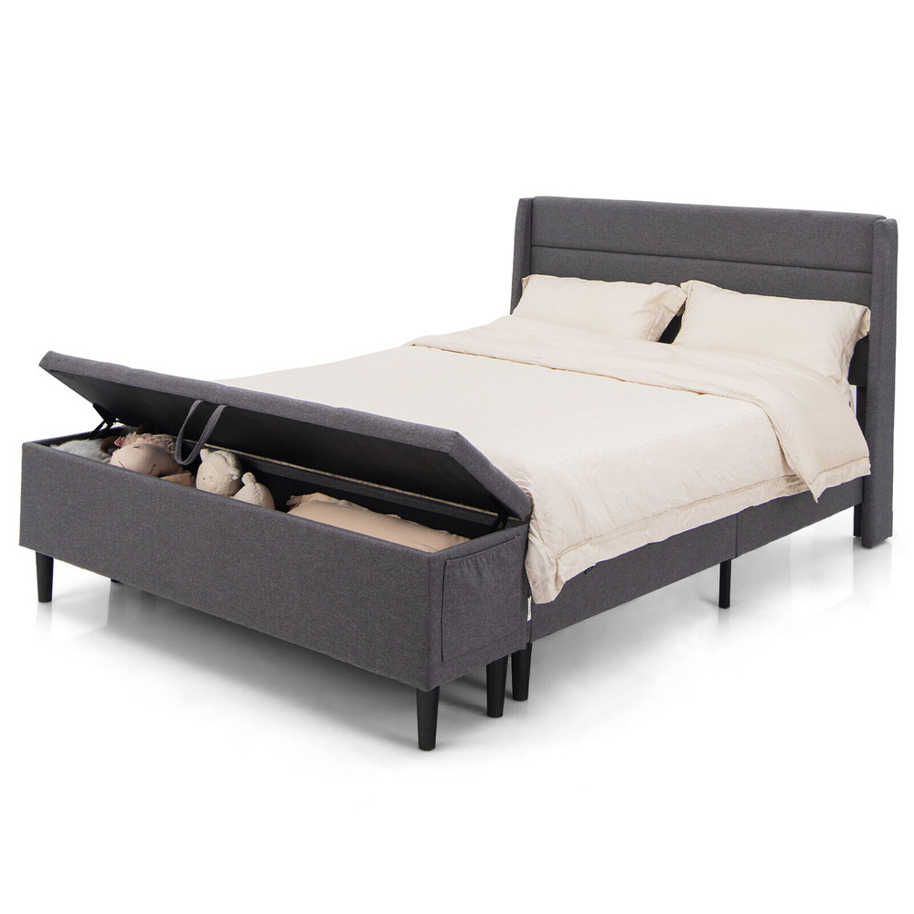 Full/Queen Size Upholstered Platform Bed Frame with Storage Ottoman & Adjustable Headboard
