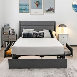 full/queen size upholstered platform bed frame with 3 storage drawers space saving design