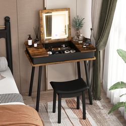 vanity table set with flip top mirror lights, usb port & stool rustic brown dressing & writing desk