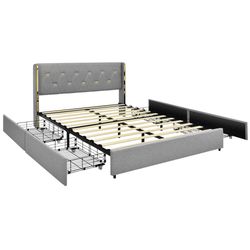 full/queen size platform bed frame with 4 storage drawers & high headboard mattress foundation